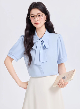 蓝色衬衫女高级感职业气质教资面试穿搭上衣春秋长袖蝴蝶结衬衣