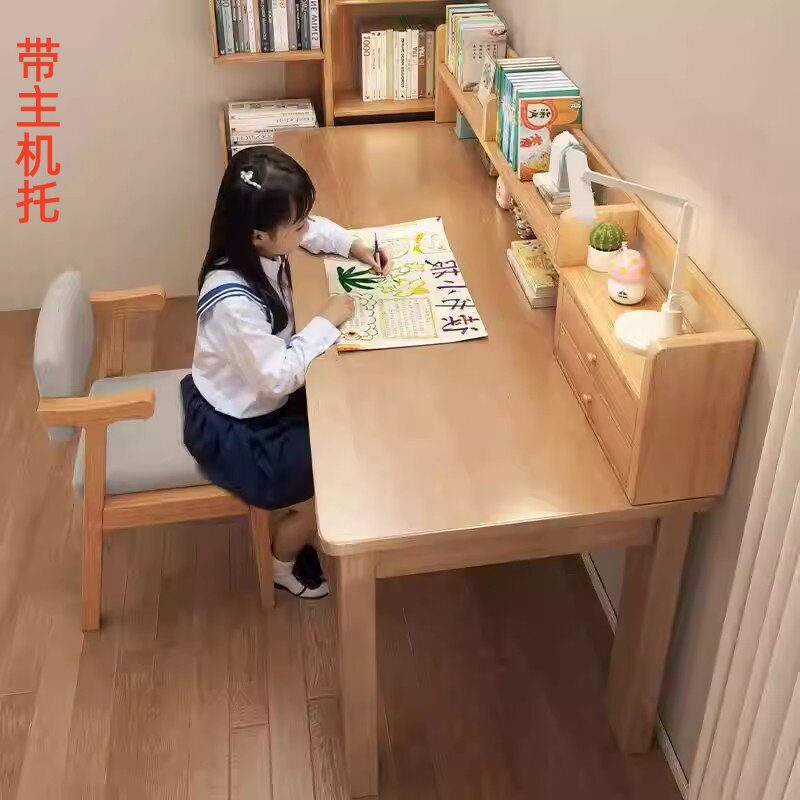 实木书桌书架一体桌子家用学生学习桌小户型卧室写字桌台式电脑桌