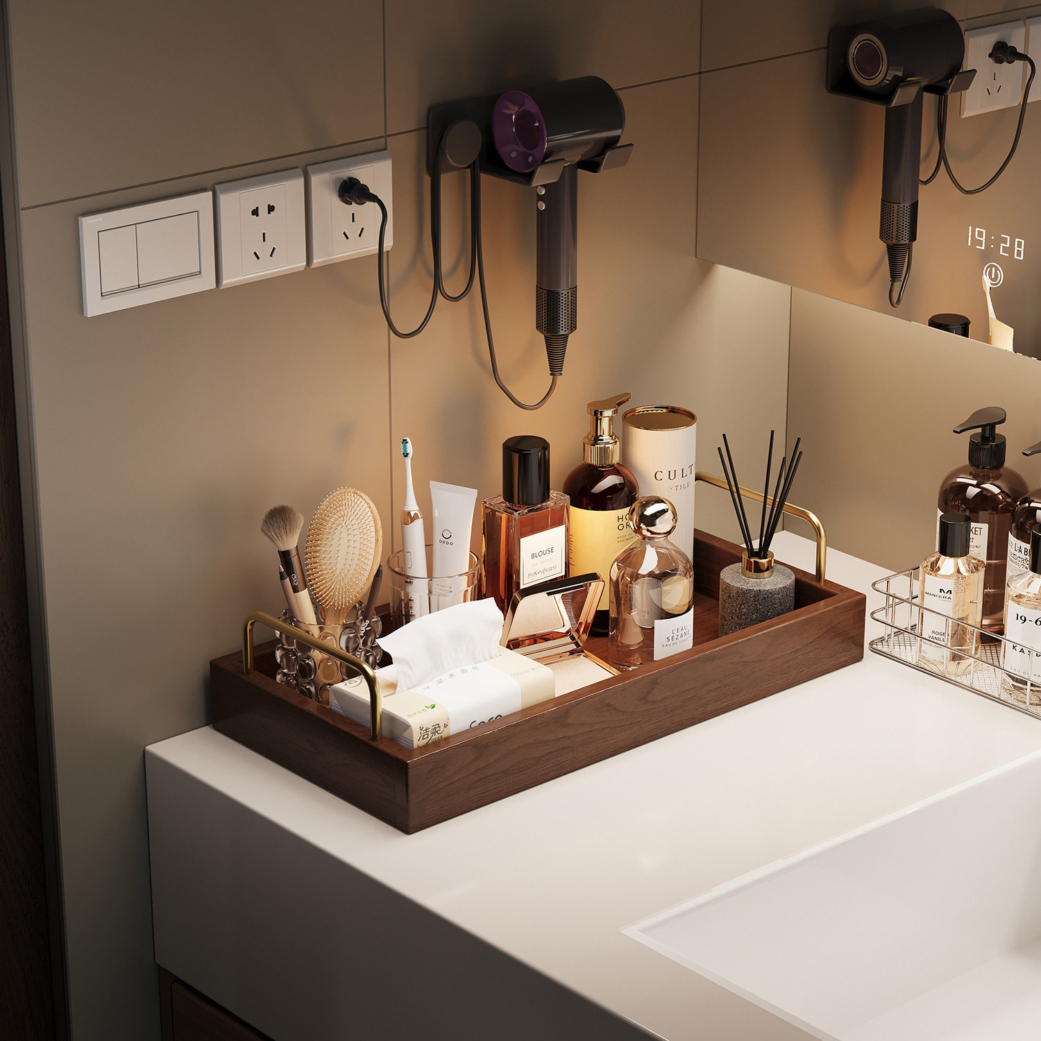 洗漱台置物架桌面收纳盒卫生间洗手台护肤品浴室木制化妆品收纳架