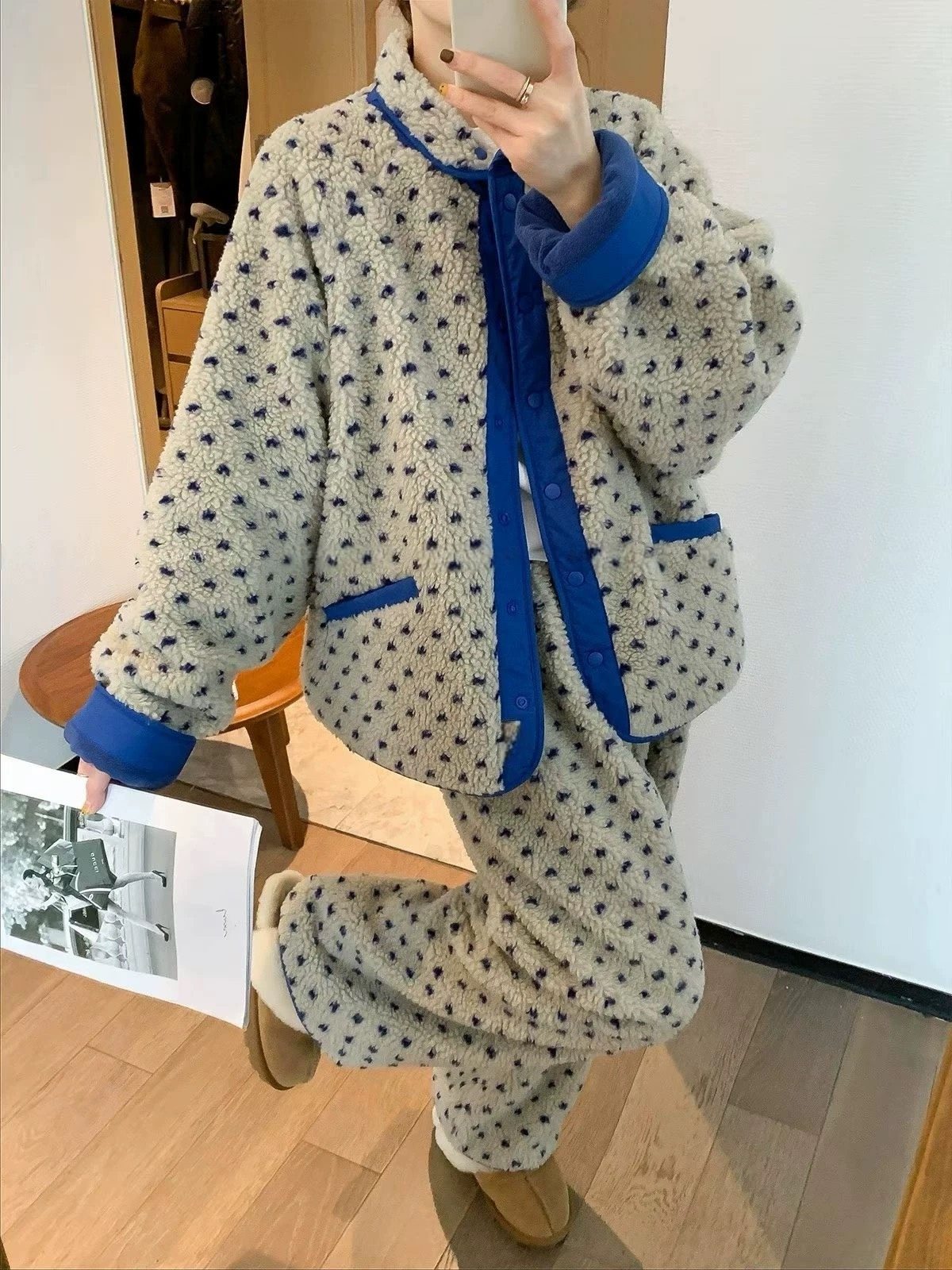 高品质加厚双层复合羊羔毛家居服套装