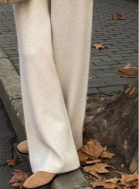 加厚新款女阔腿裤女宽松加厚秋冬直筒拖地垂感外穿白色休闲加长裤