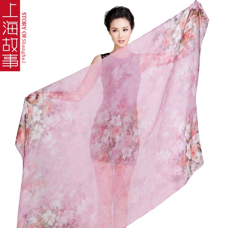 上海故事喷绘桑蚕丝丝巾春秋新款女士围巾披肩两用超大长