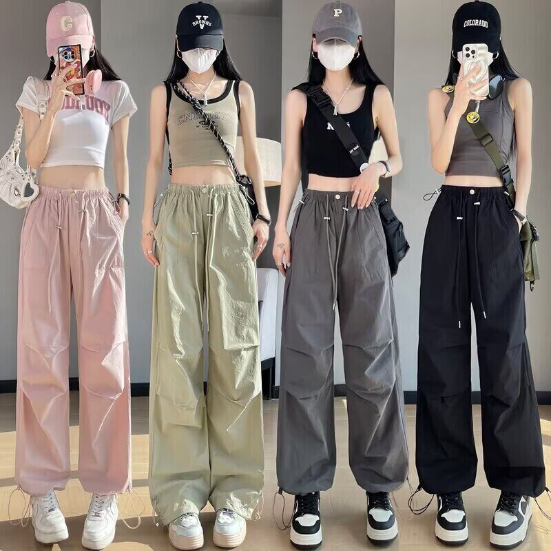 美式复古冰丝速干工装裤女春夏薄款酷飒风爵士舞休闲阔腿裤运动裤