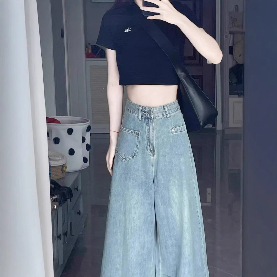 大码浅蓝色复古流苏毛边拖地牛仔裤女秋季高腰直筒宽松大阔腿裤子
