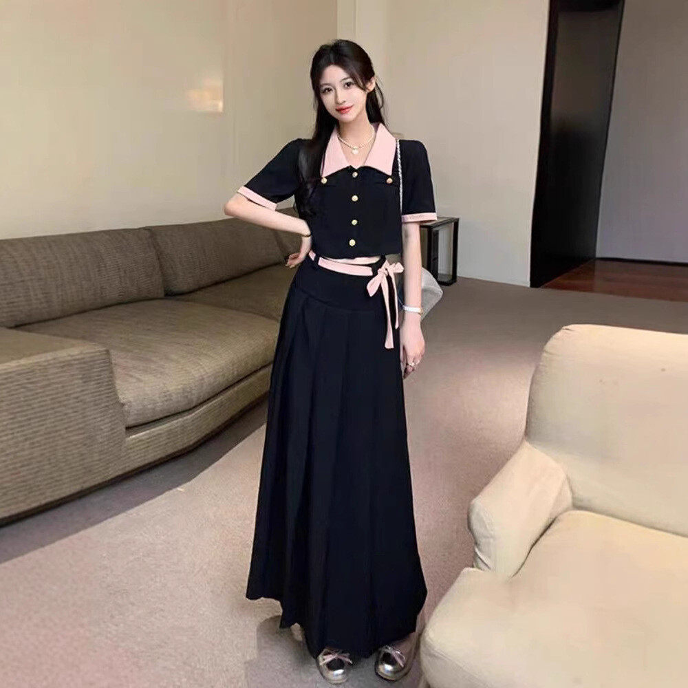 大码黑色长裙梨形身材穿搭套装夏季胖妹妹高腰显瘦半身裙女两件套