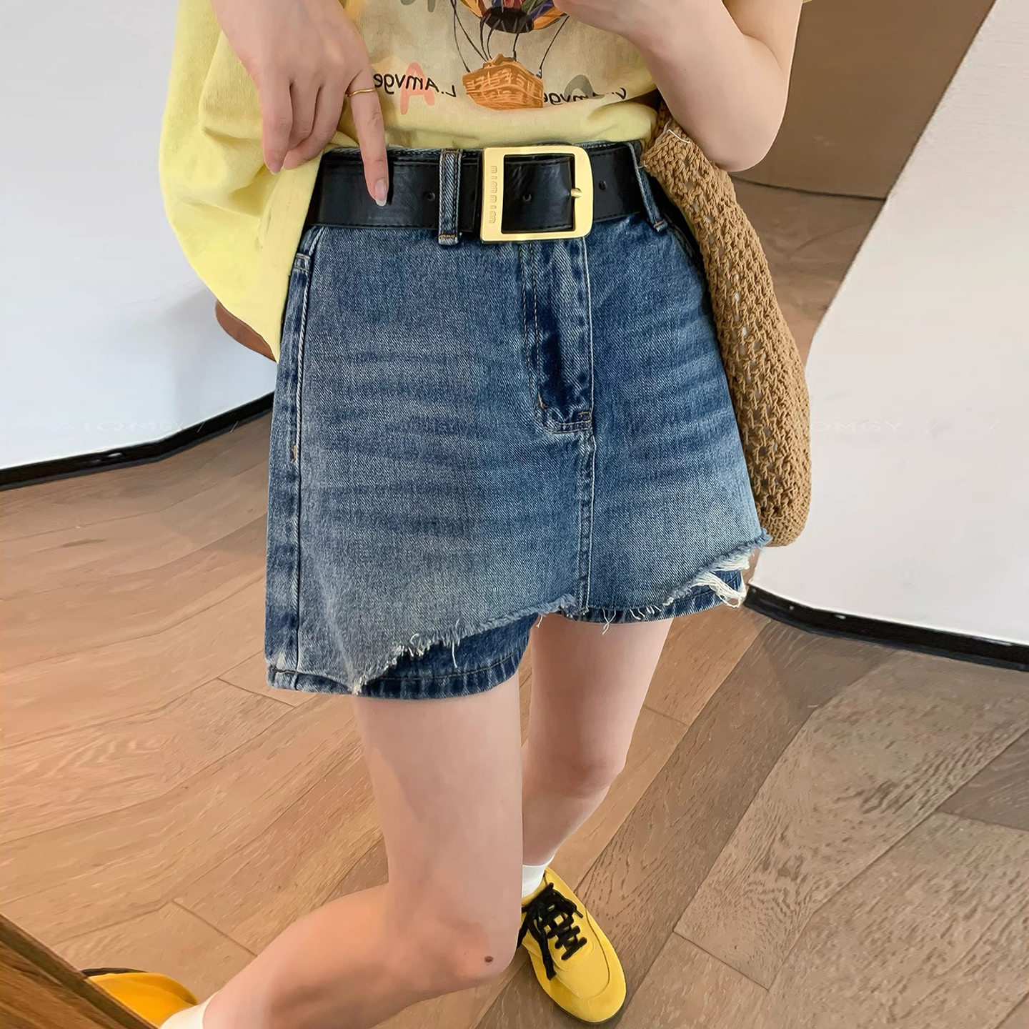 破洞毛边a字牛仔裙裤女2025夏季新款大码女装胖mm高腰显瘦短裤