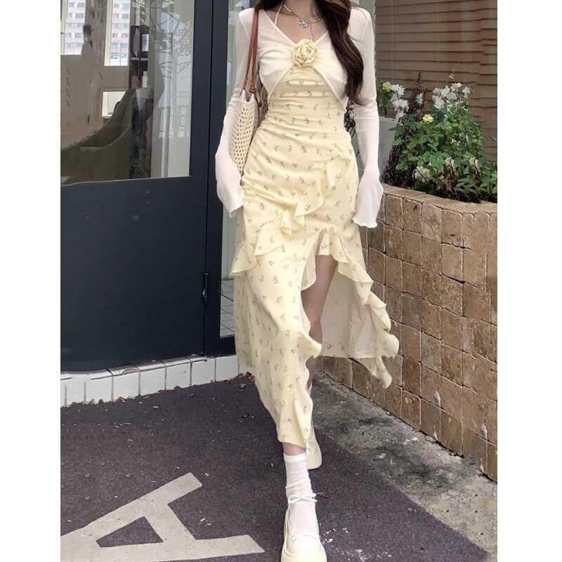 碎花吊带不规则连衣裙女仙辣妹炸街套装裙两件套裙子开叉淡黄长裙