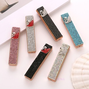 女生水钻天鹅款 充电打火机高颜值耐用防风火机usb充电静音点烟器