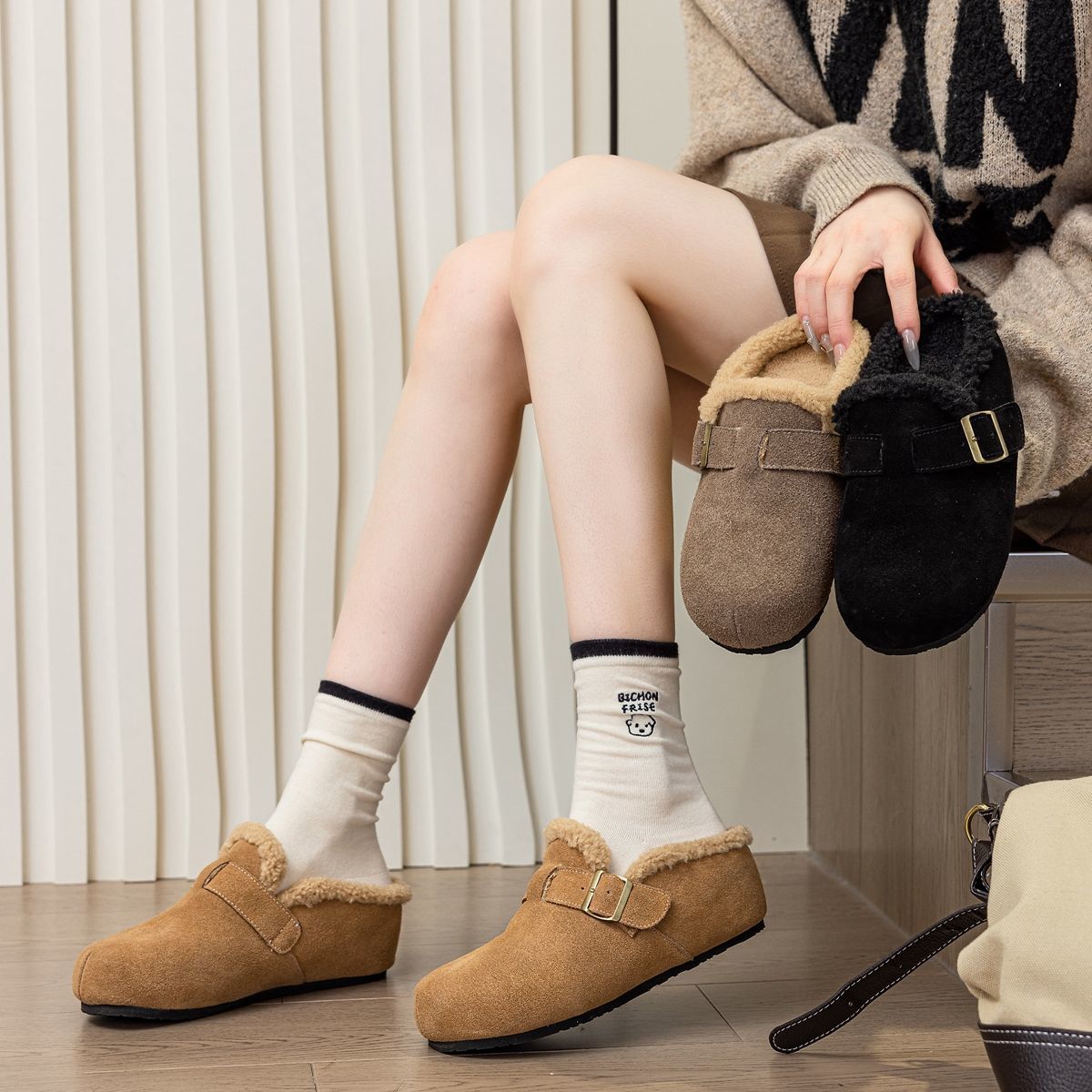 2930313233小码-43大码勃肯鞋加绒牛皮女秋冬季懒人包头拖鞋毛毛