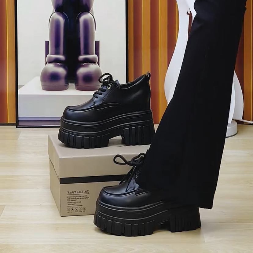 30313233小码松糕站2024秋季真皮松糕鞋女单鞋英伦风系带厚底增高