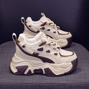 30313233小码老爹鞋女2023秋冬新款厚底内增高女鞋加绒真皮运动鞋