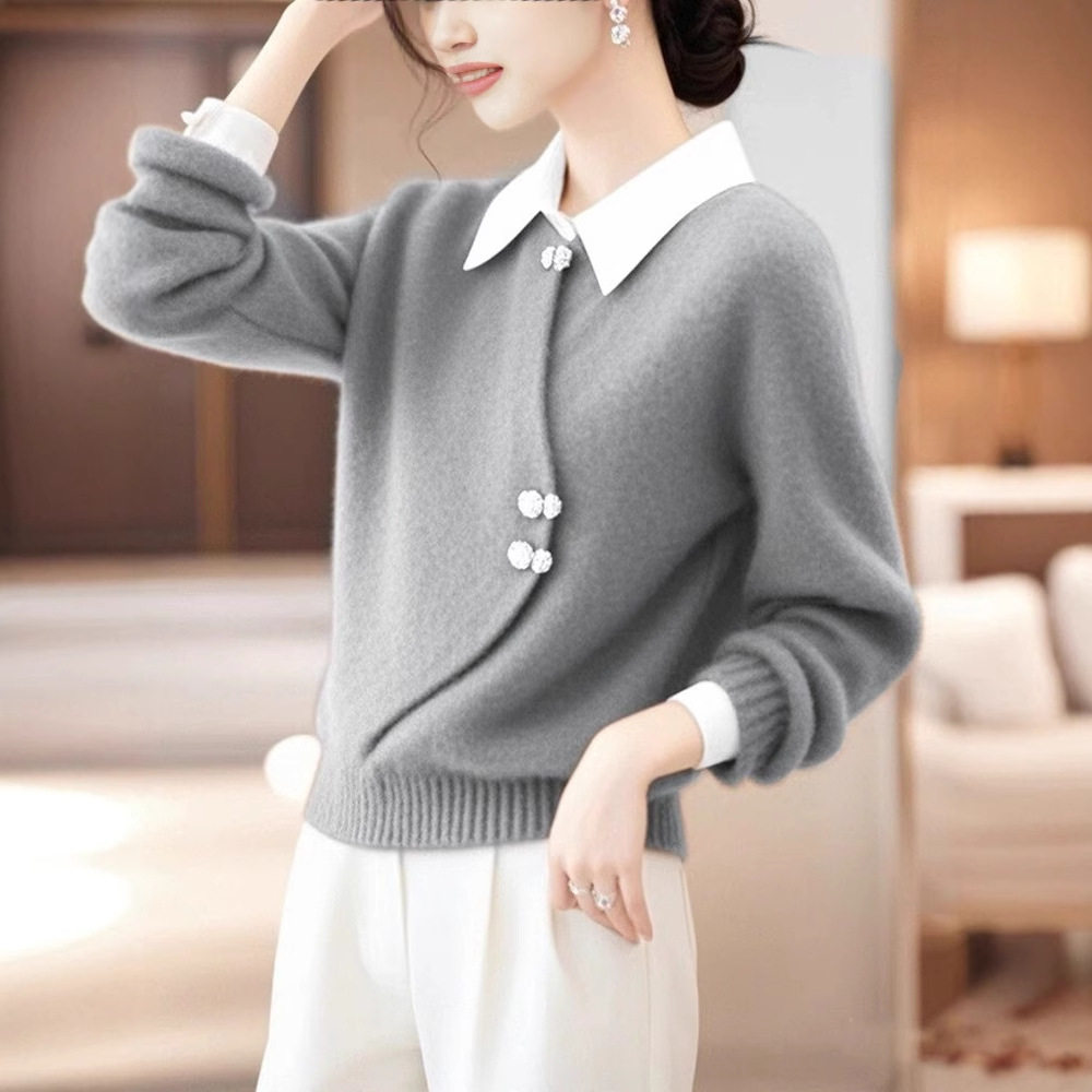 2025设计感冬天好看的内搭加厚新中式灰色毛衣打底衫女假两件上衣