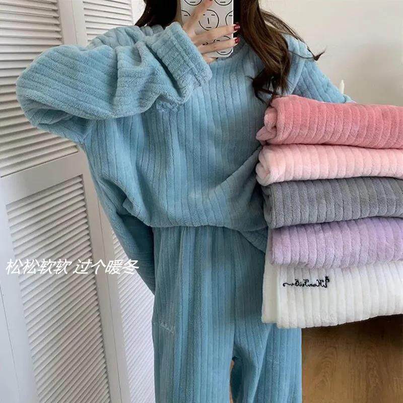 珊瑚绒睡衣女两件套休闲宽松大码加绒加厚法兰绒暖暖裤家居服套装