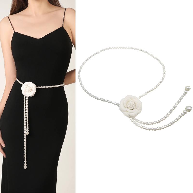 网红山茶花珍珠腰链女士时尚百搭