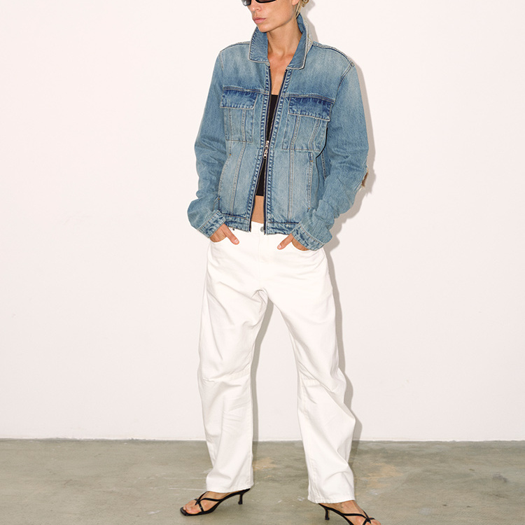 FSG拼皮毛破洞洗水蓝牛仔夹克