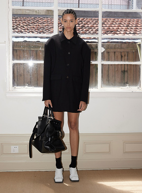 FSG中式翻领复古鱼骨垫肩黑色中长款西服