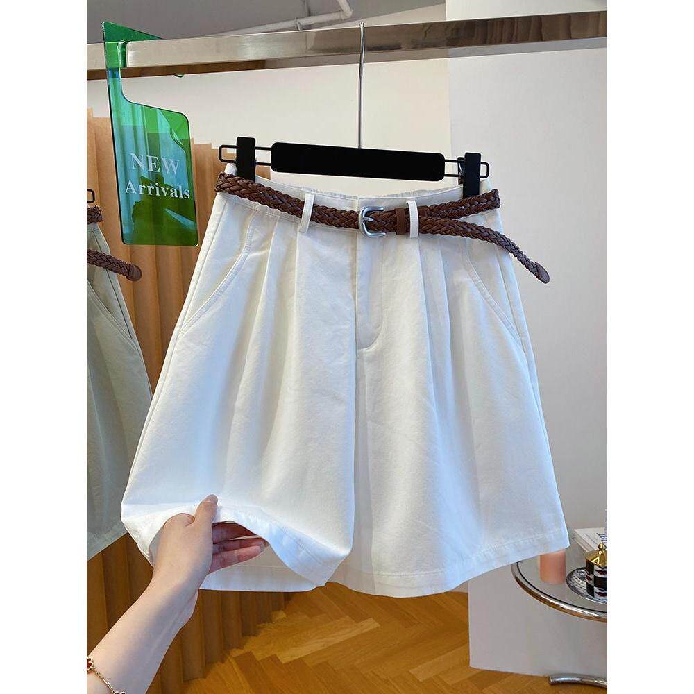 白色a字版休闲中裤五分裤女夏季2026新款宽松百搭腰带阔腿裤短裤