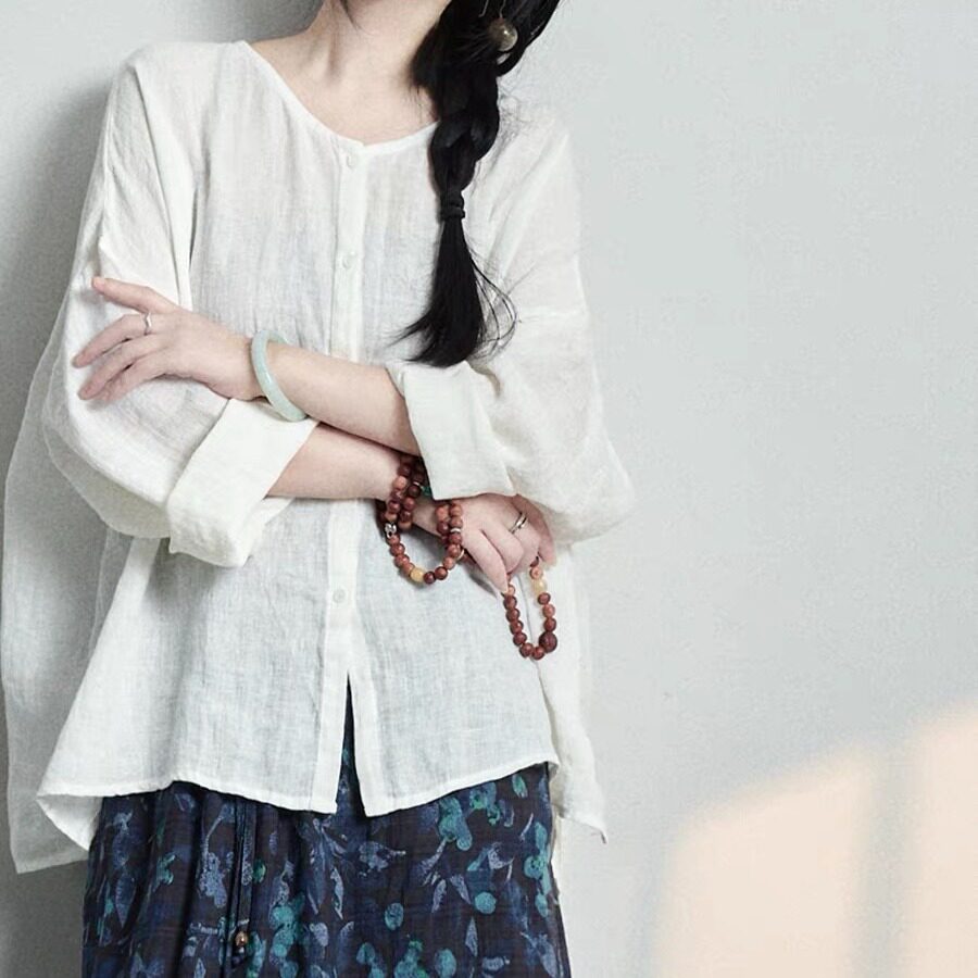 森系清新文艺休闲棉麻防晒罩衫日系慵懒宽松显瘦白色亚麻开衫上衣