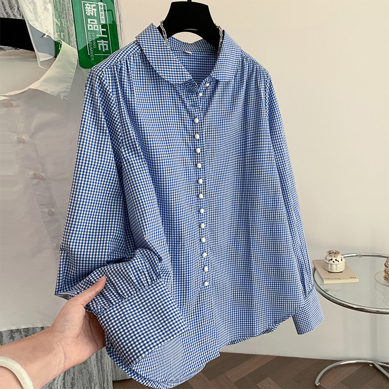 蓝色格子纯棉长袖衬衫女春季高级感时尚气质减龄外穿衬衣显瘦上衣