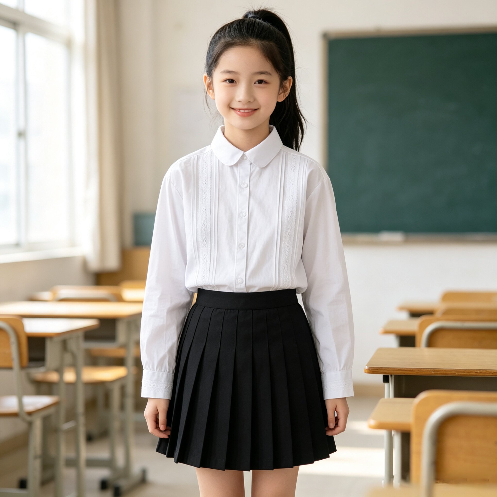 女童纯棉圆领白色长袖校服衬衫