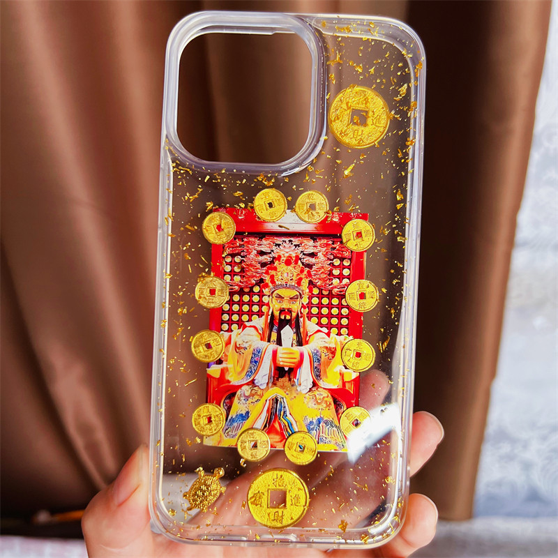 苹果16pro max手机壳保护套适用iPhone15plus五路财神爷型14全包防摔滴胶金箔招财13高级感唐卡五台山中国风