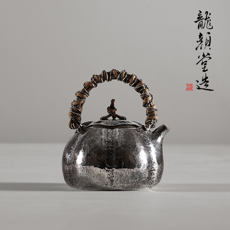 颜堂纯银9999小南瓜银壶日本银器纯手工日式泡茶壶藤提梁