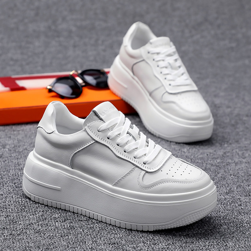 山山女鞋2023春季新款欧洲站真皮增高厚底松糕鞋休闲系带小白鞋女