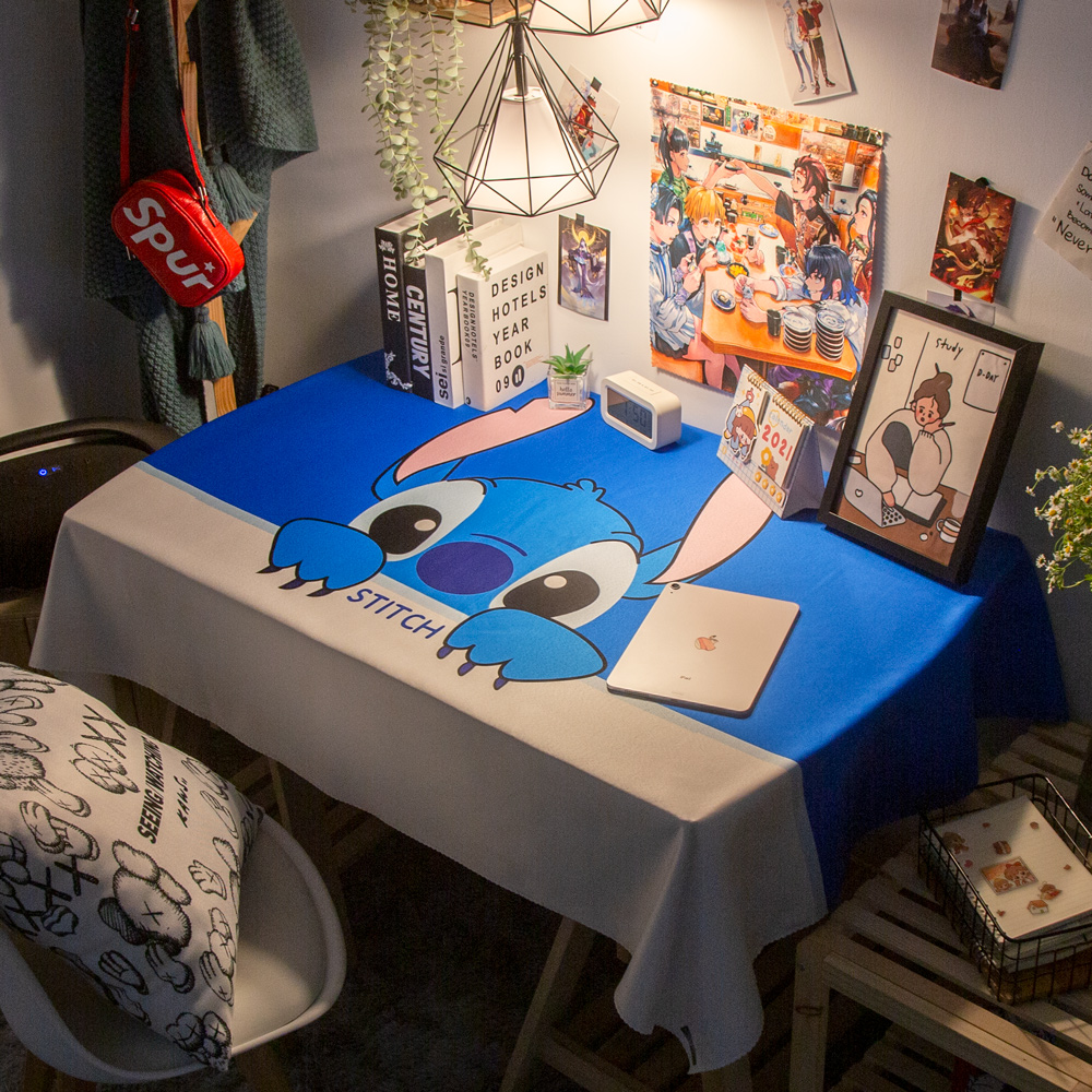 美式卡通防水桌布动漫史迪奇清新蓝色图案少女卧室化妆台方桌可爱