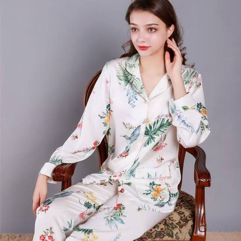 真丝睡衣夏季女装桑蚕丝睡衣女短袖薄款春秋大码长袖套装家居服