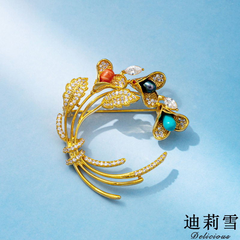 迪莉雪 高档胸花 天然淡水珍珠彩色松石牵牛花胸针女韩版网红别针