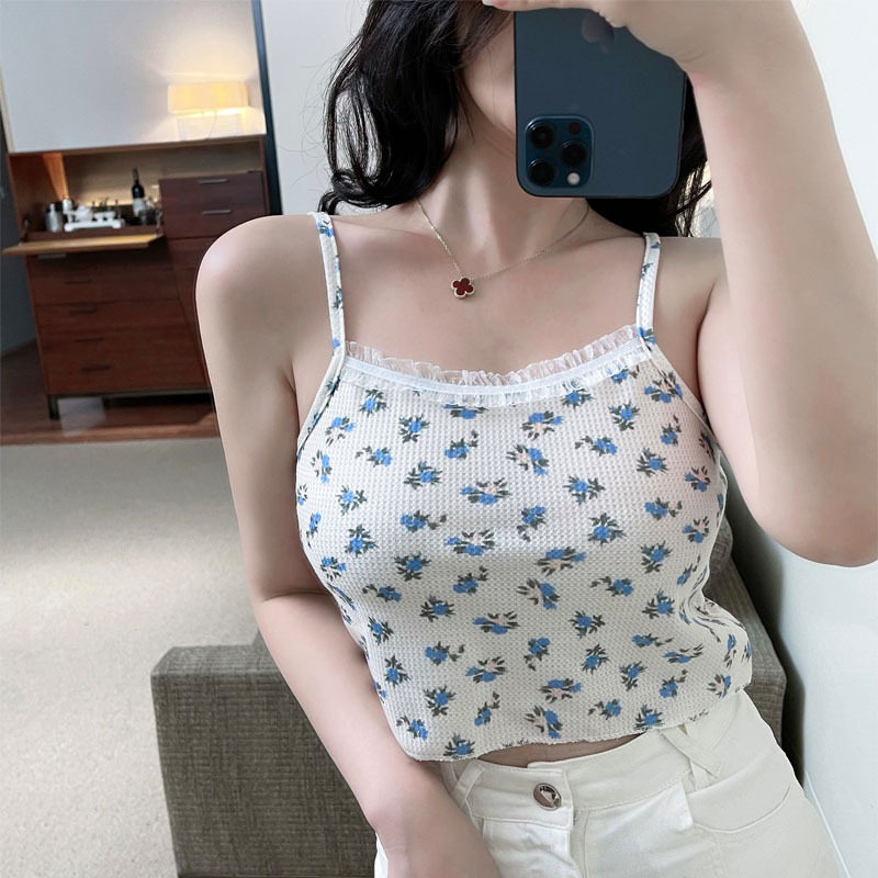 短款小碎花吊带背心女夏季新款上衣蕾丝领辣妹修身显瘦打底衫
