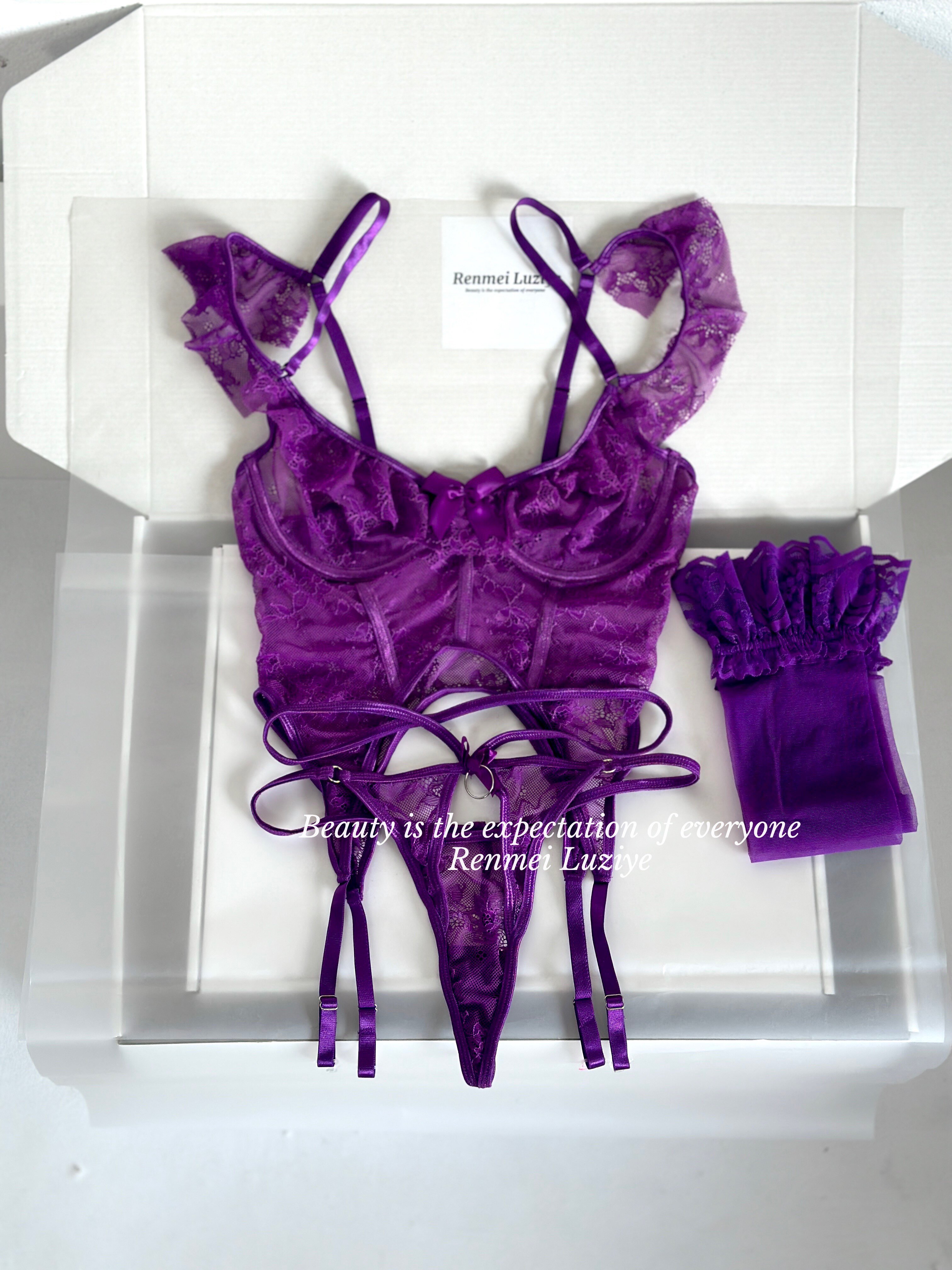 renmeiluziye【初见倾心】性感高级紫内衣套装蕾丝露肩胸衣丁字裤