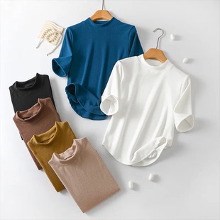 加绒秋衣加厚内搭上衣螺纹保暖打底衫 德绒中领五分袖 T恤女秋冬季