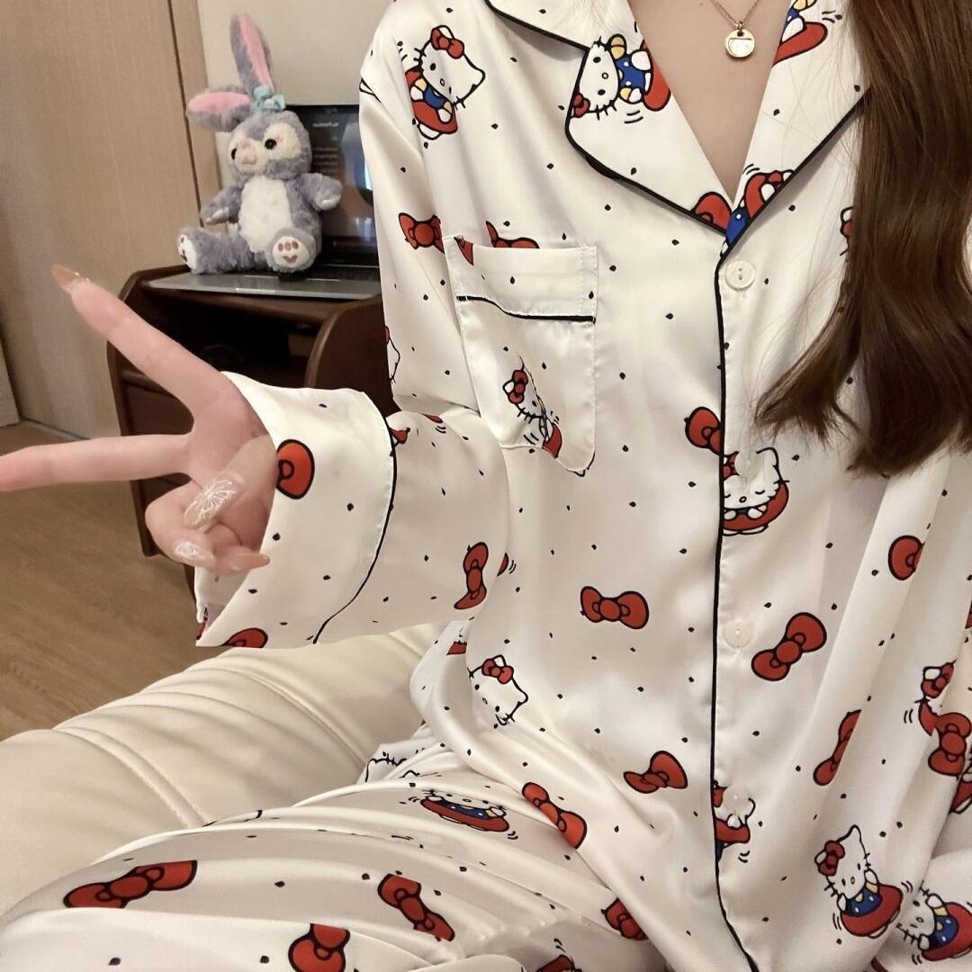 蝴蝶结kitty猫ins睡衣女春秋季新款长袖长裤家居服可外穿卡通萌