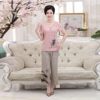 Áo sơ mi nữ trung niên mùa hè hai mảnh 2019 mới cỡ lớn cho mẹ sơ mi tay ngắn ống rộng quần cotton và vải lanh - Phụ nữ cao cấp thời trang trung niên nữ