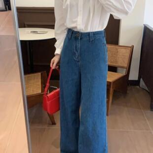 高腰直筒百搭复古小众设计感牛仔裤 幽蓝 Young Y6076 Niche