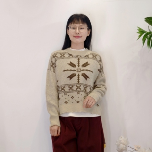 可路莎专柜209653秋冬撞色绣花复古针织衫女宽松套头短款毛衣