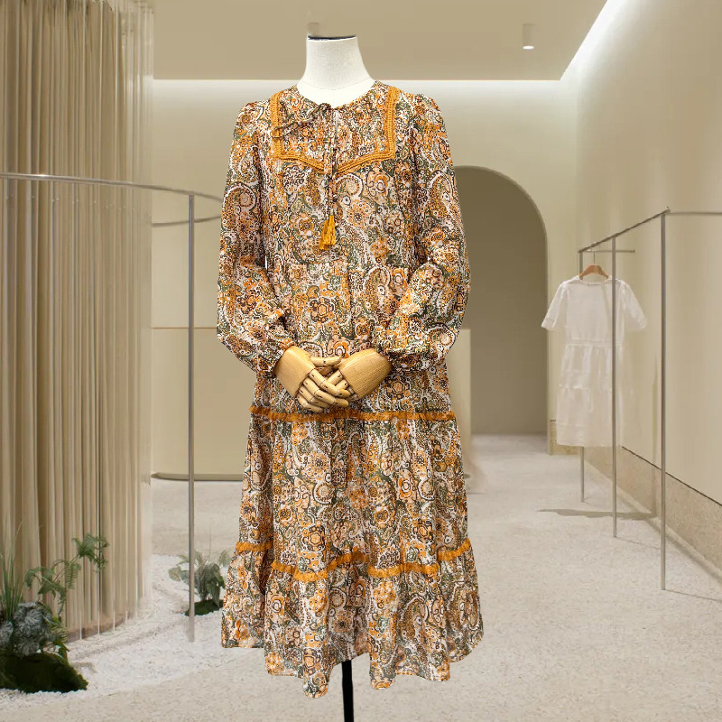 可路莎专柜233446复古印花长袖连衣裙女春秋波西米亚碎花长裙