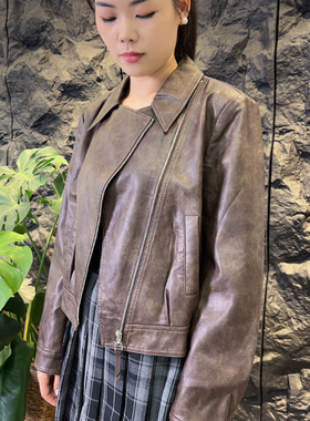 【可系】241025春秋款翻领拉链短款皮衣女休闲机车PU短外套