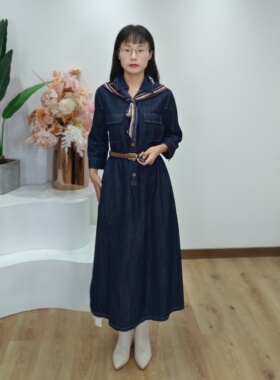 可路莎专柜251047春秋汉麻牛仔连衣裙女收腰七分袖长裙
