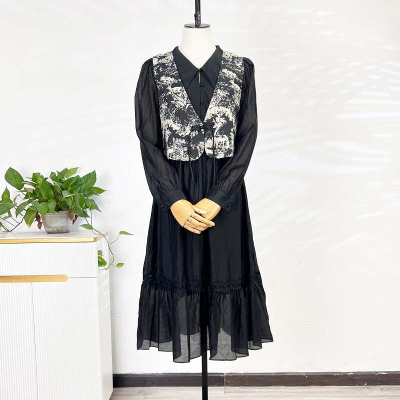 【可系】专柜233476提花马甲两件套女春秋新款天丝长袖连衣裙套装