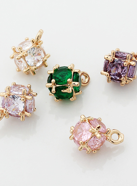 18K包金保色14k金方体锆石白色粉色紫色绿色锆石挂坠diy项链配件