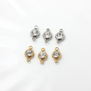 不褪色不锈钢钛钢镀18K金双吊锆石小挂件手工手链项链耳饰DIY配件