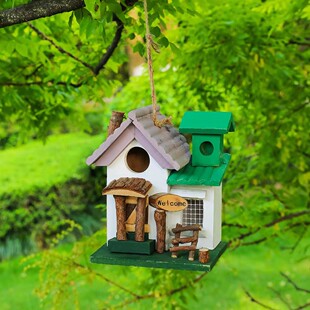 创意鸟窝造型装饰挂件户外庭院木质彩色房子摆件装饰品