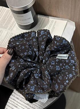 高级复古咖蓝色碎花大肠发圈发量多丸子头发绳韩国新款马尾扎头绳