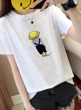 2018新款白色t恤女短袖宽松 韩版夏装简约打底衫圆领半袖上衣学生