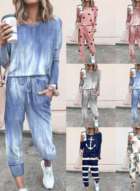 Women's loose printed long sleeved casual suit女宽松长袖套装