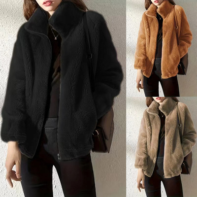 Women autumn and winter plush jacket, thick long sleeved top