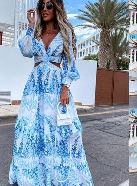 Women's long printed V-neck long sleeved dress长袖气质连衣裙