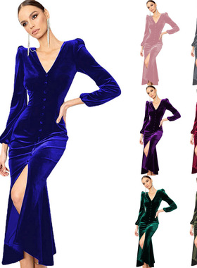 Women V-neck shoulder padded long sleeved dressV领长袖连衣裙